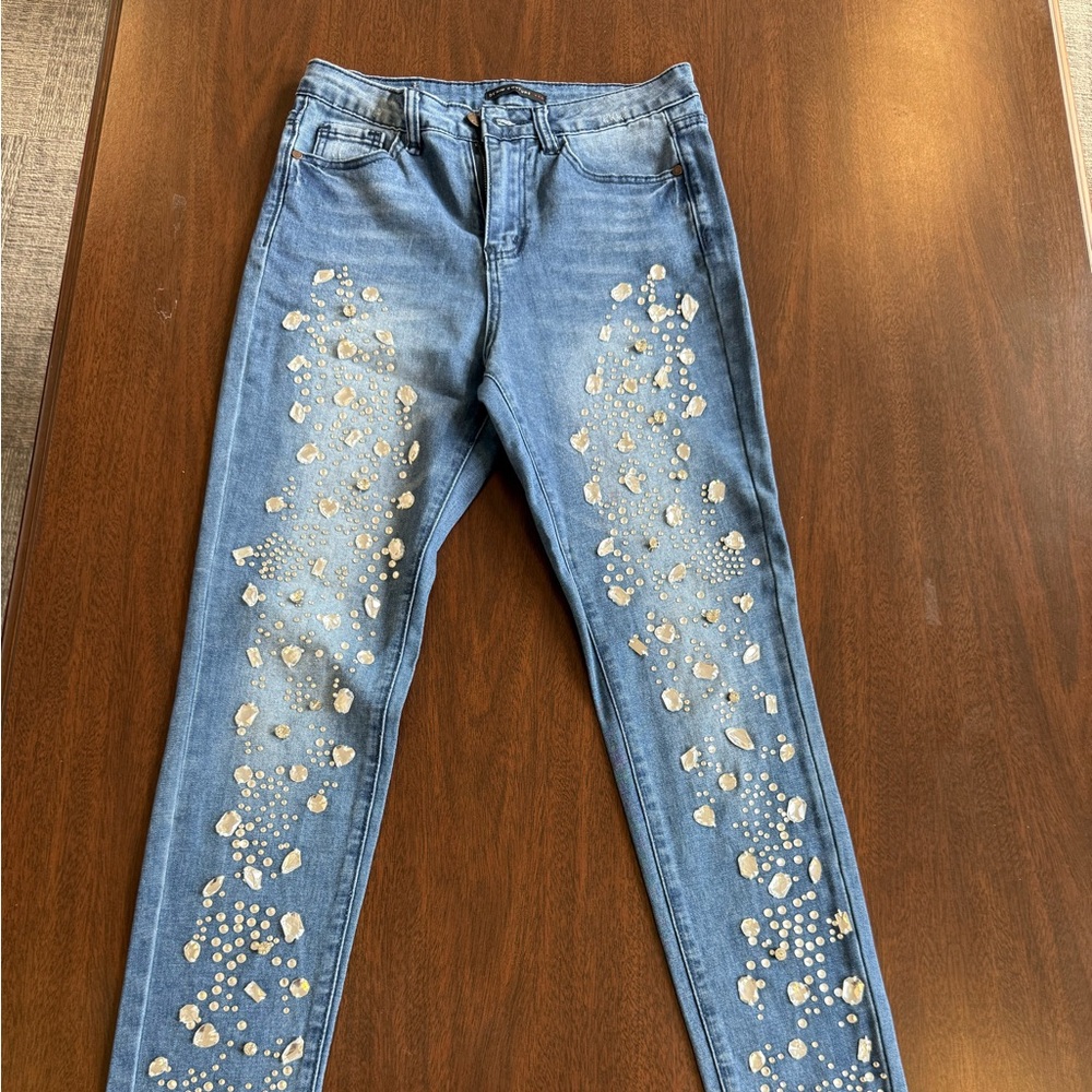 Red Blue Skinny Jeans with Glamorous Rhinestone Crystal Embellishments